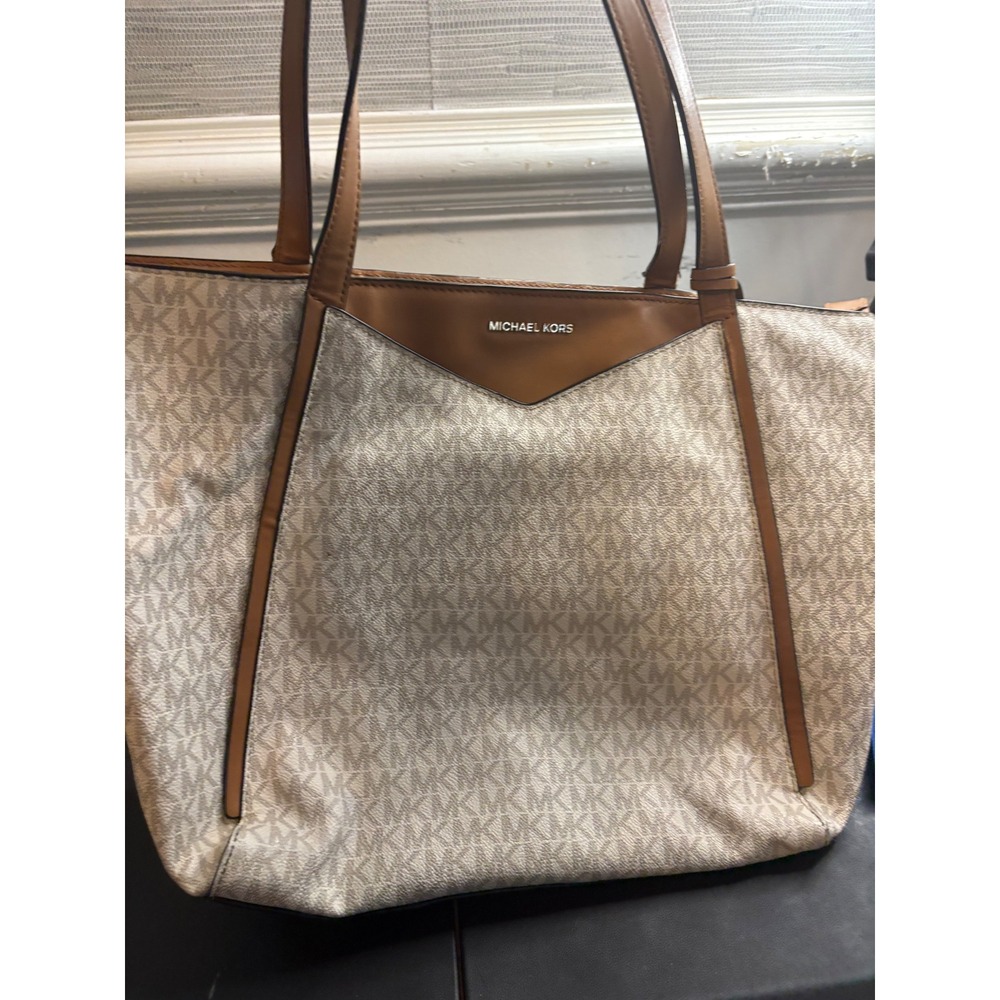 Michael Kors Signature Monogram Tote Bag Cream Tan Leather Trim Gold Hardware